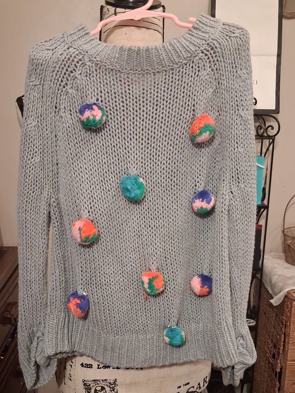 Boden Kids Gray Crewneck Sweater with Multicolor Pom Accents Size 6-7 Yrs